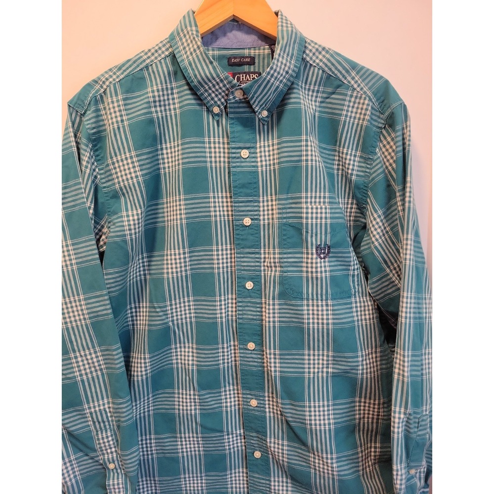 Chaps Easy Care Mens Plaid Long Sleeve Button Up Teal & White Size XL